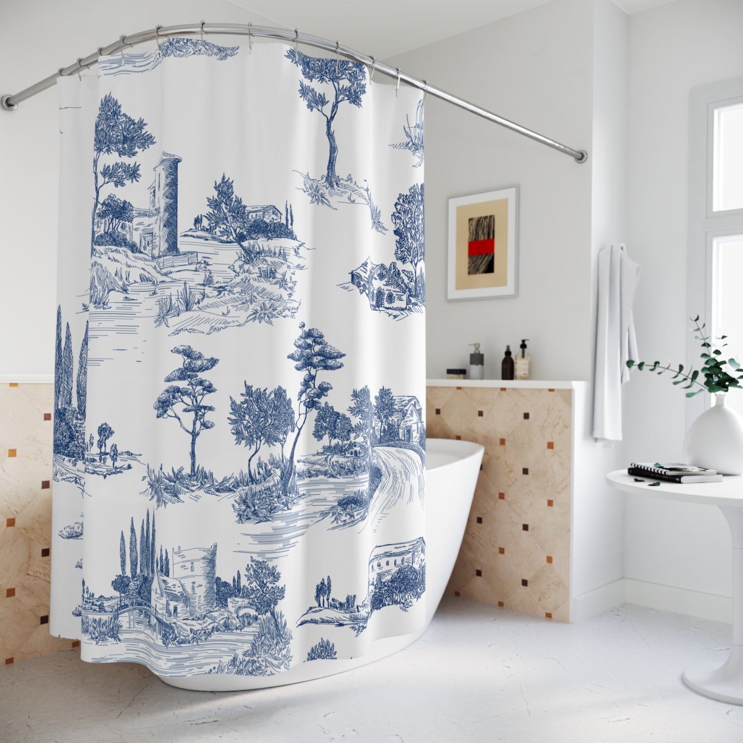 Blue Toile de Jouy Shower Curtain