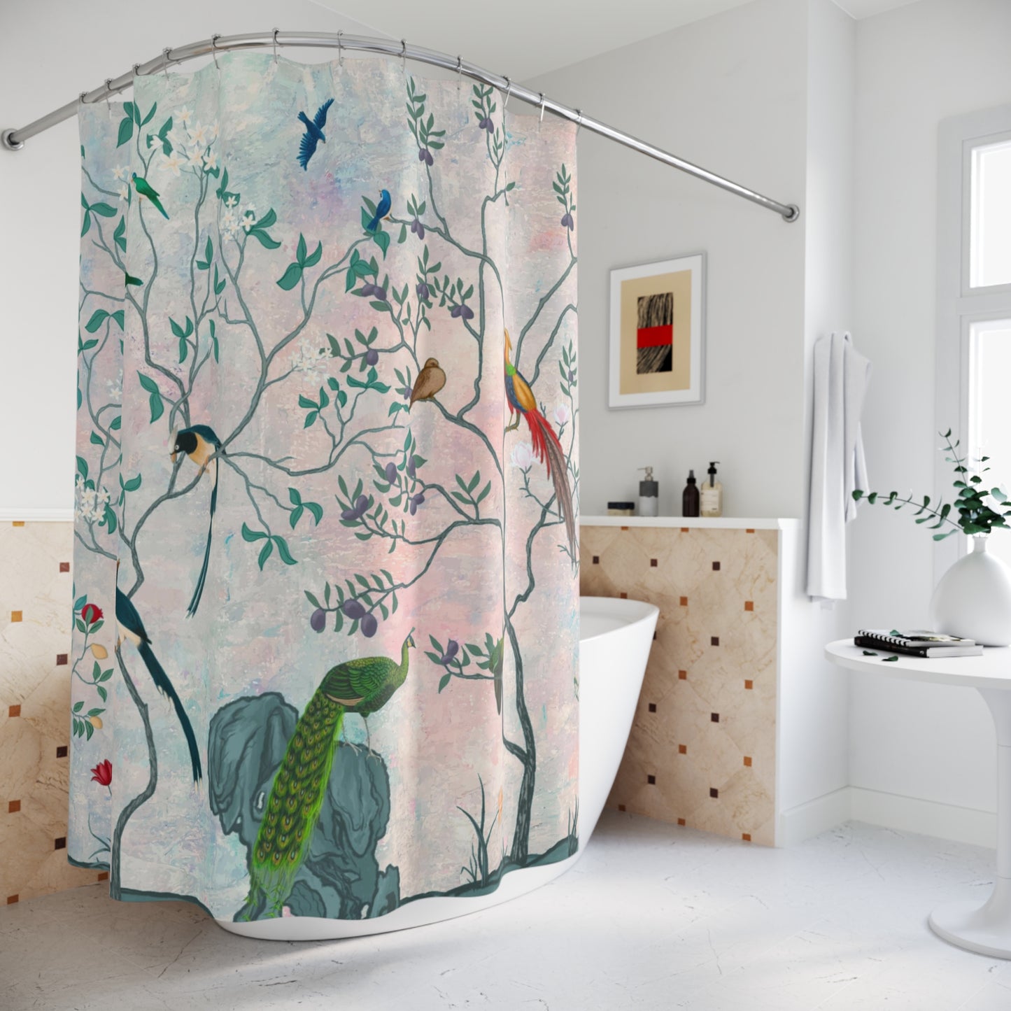 Chinoiserie Aqua Blush Oriental Shower Curtain