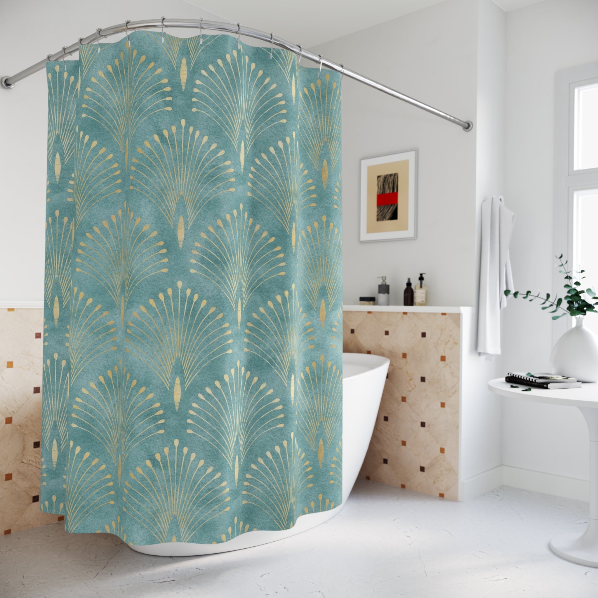 Art Deco Shower Curtain | Aqua Blue Turquoise & Gold Scalloped high quality Mermaid Pattern | Elegant Art Nouveau Style | Chic 1920s Art Deco Bathroom