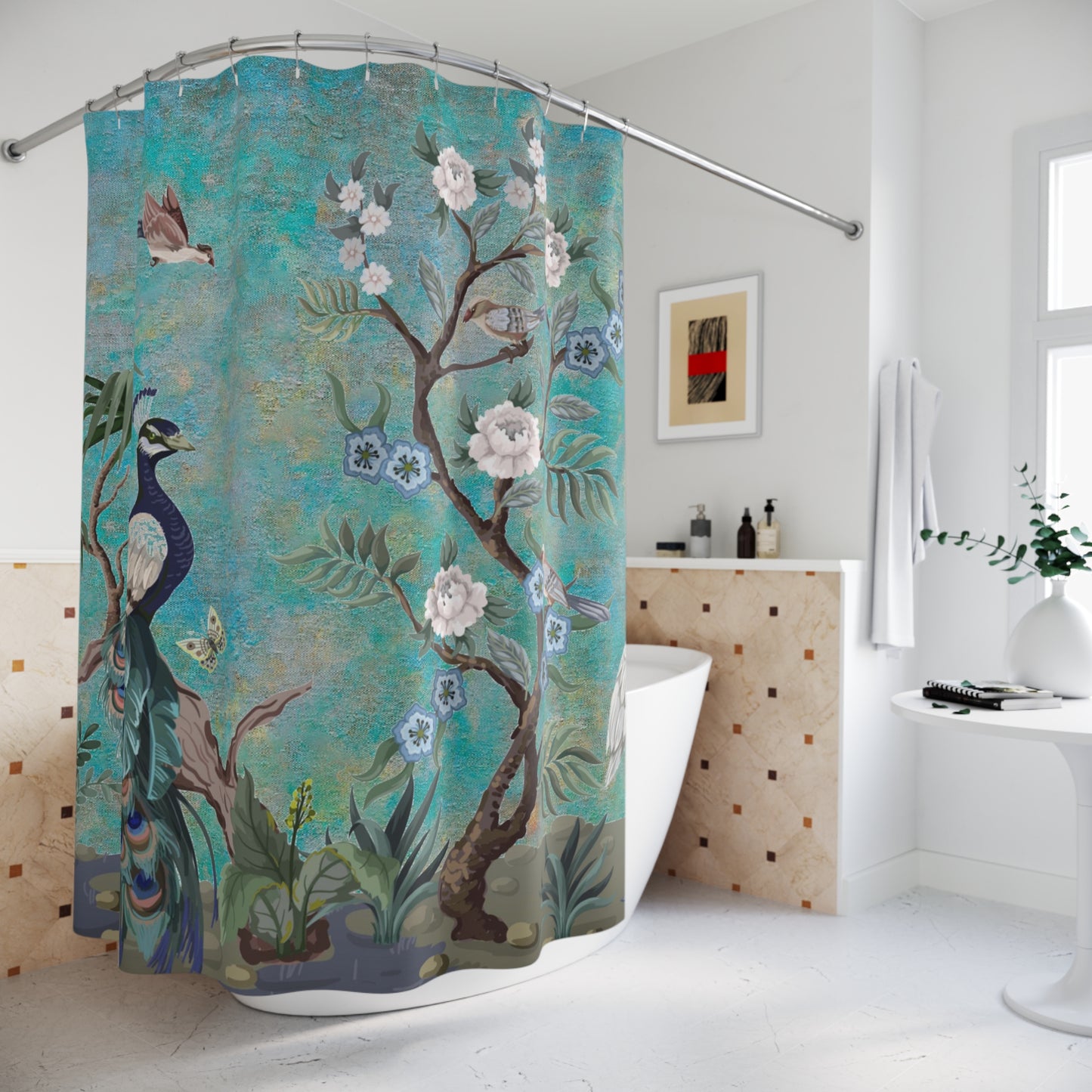 Chinoiserie Blue Peacock Shower Curtain