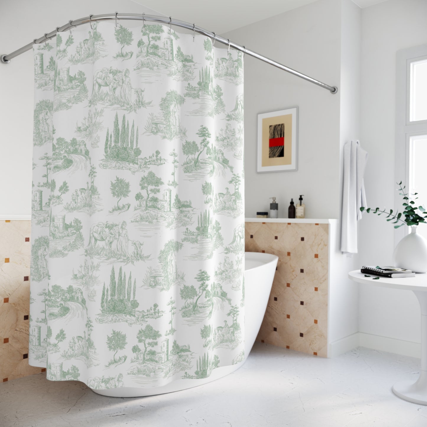 Vintage Toile de Jouy Sage Green Shower Curtain