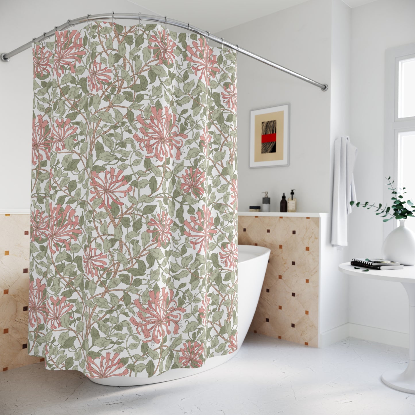 William Morris Shower Curtain Honeysuckle Green Pink