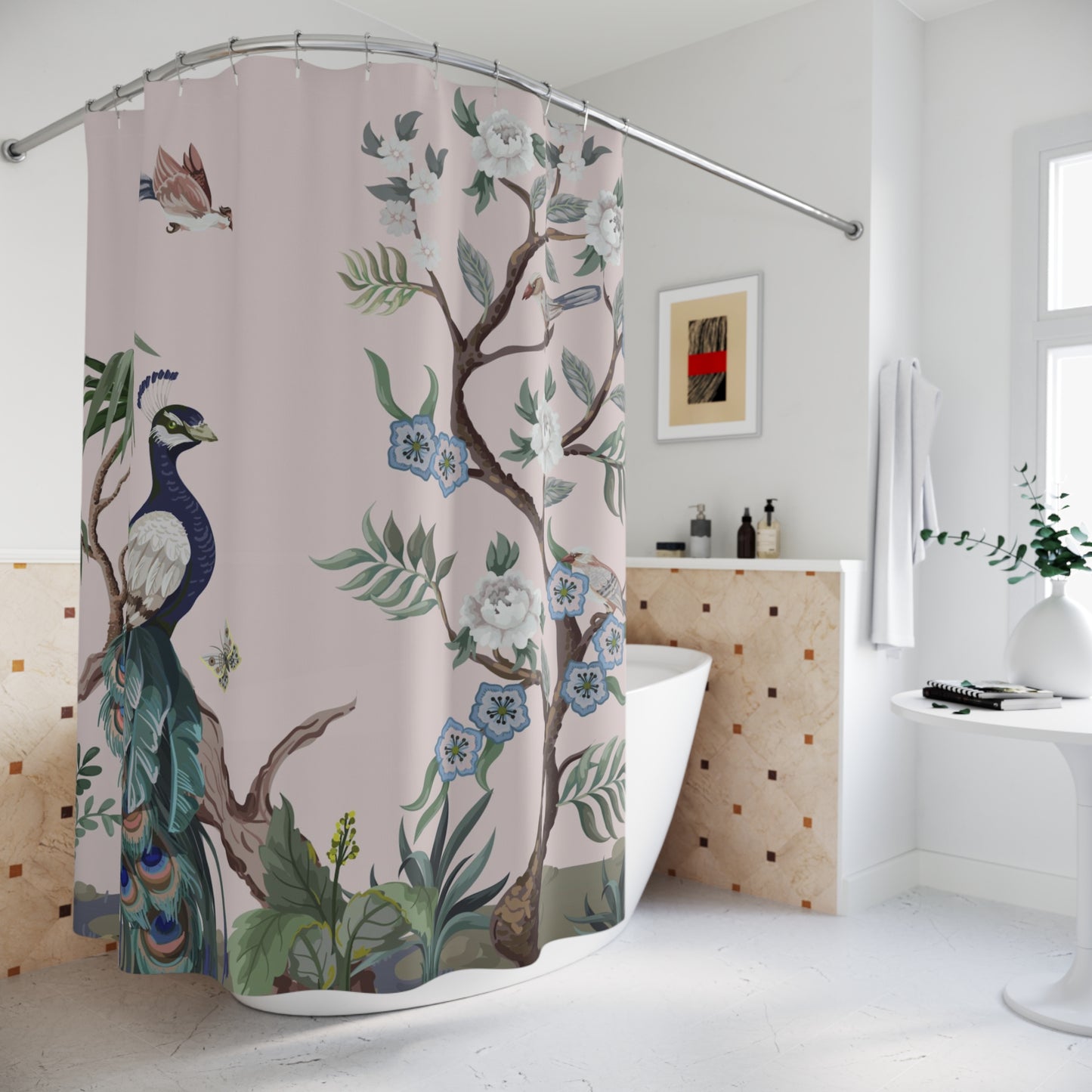 Chinoiserie Blush Pink Peacock Shower Curtain