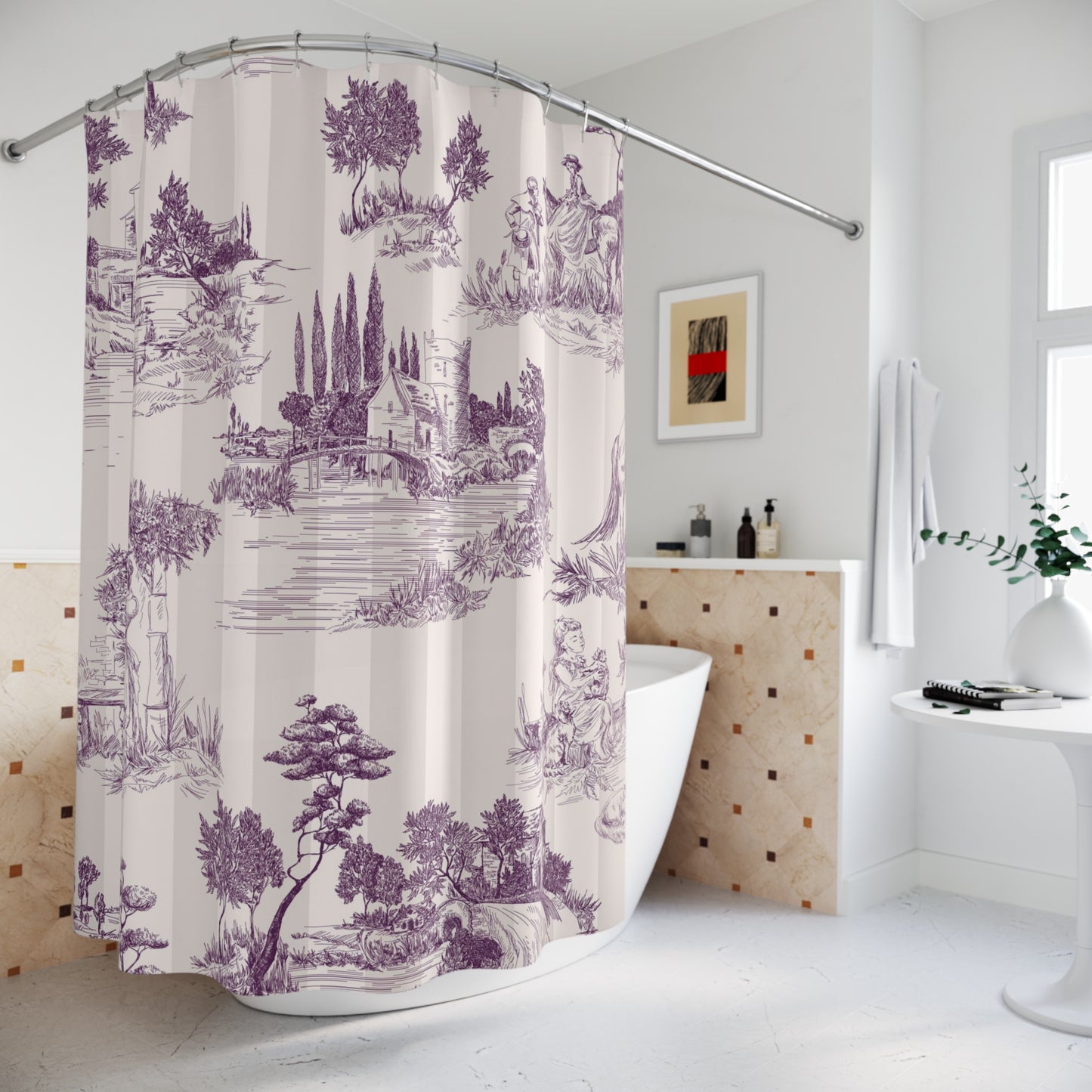 Antique Toile de Jouy Shower Curtain Plum Cream Stripe