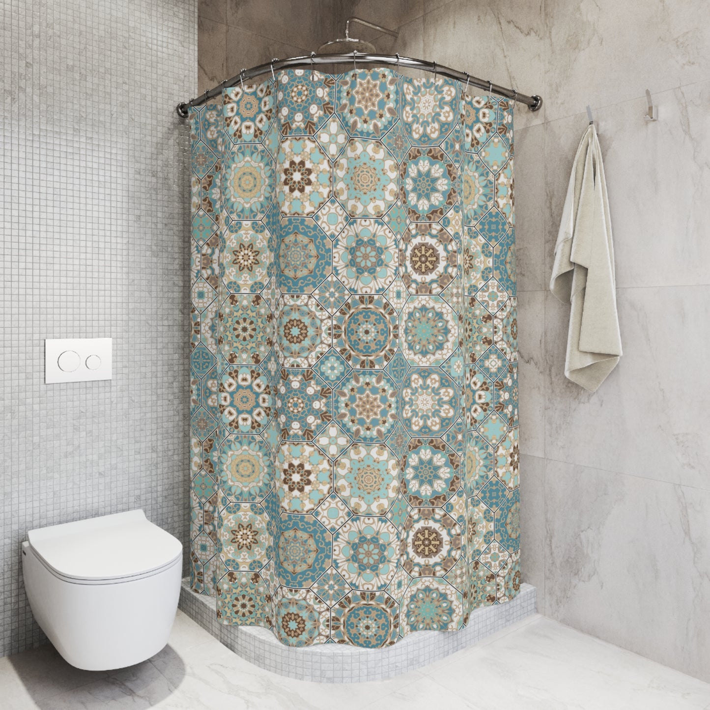 Azulejos Shower Curtain Beige Aqua Sage