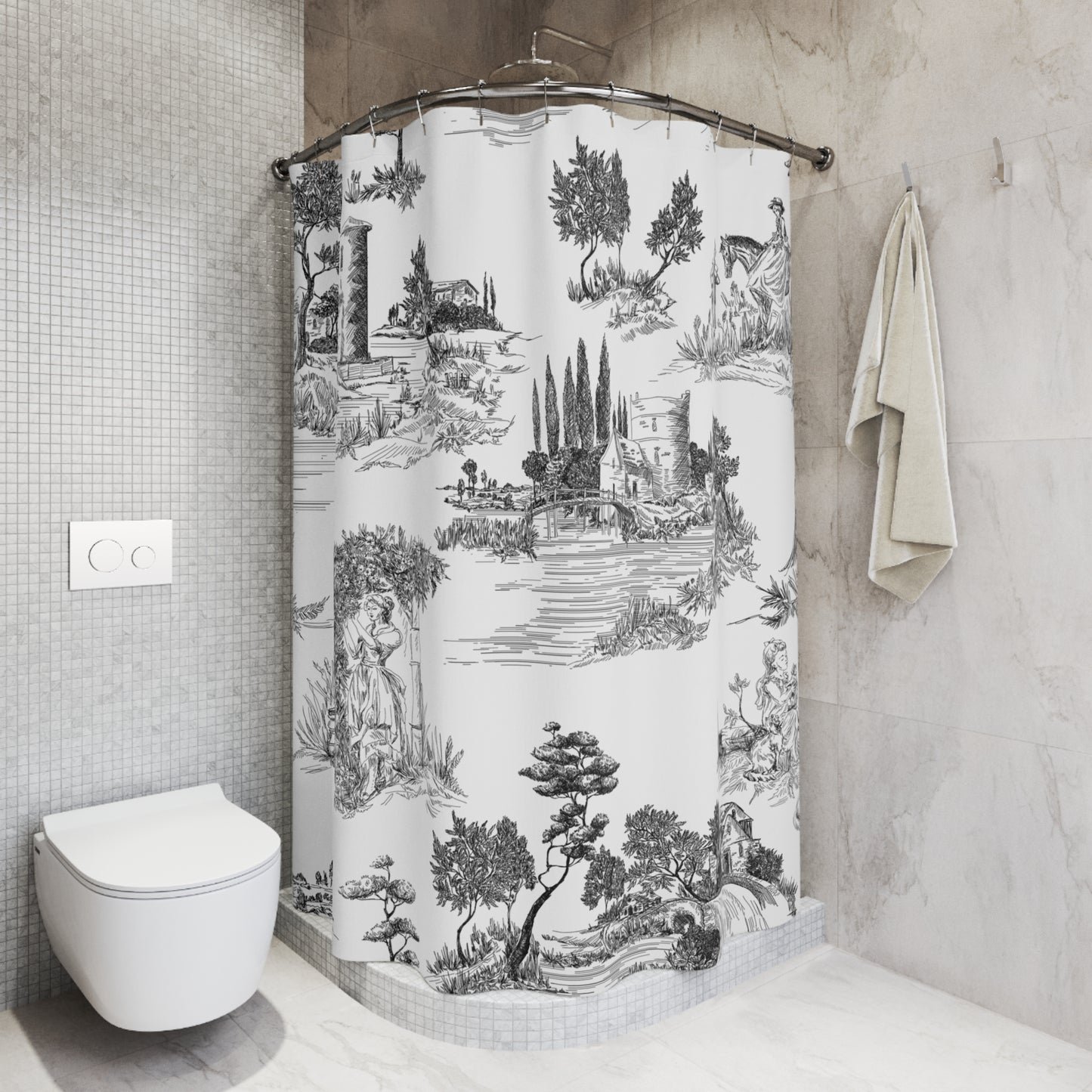 Black Toile de Jouy Shower Curtain