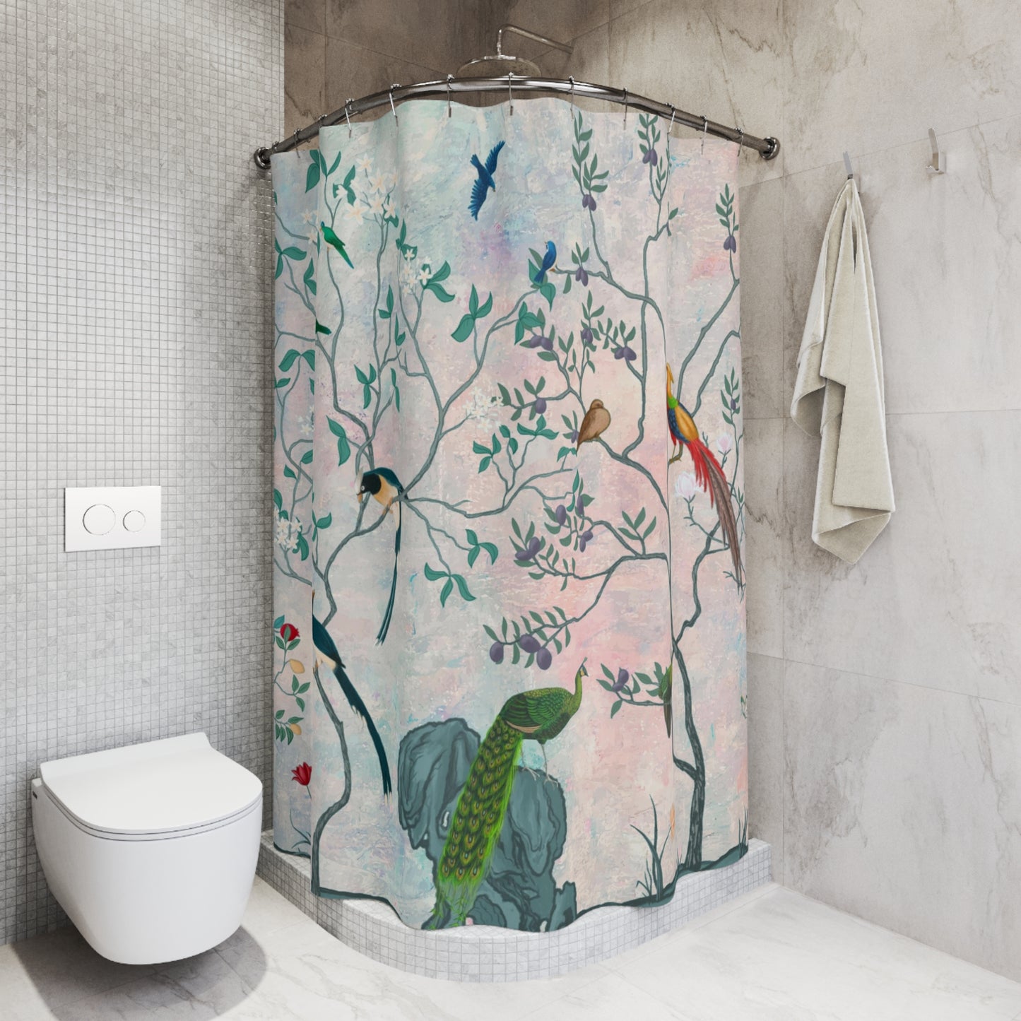 Chinoiserie Aqua Blush Oriental Shower Curtain