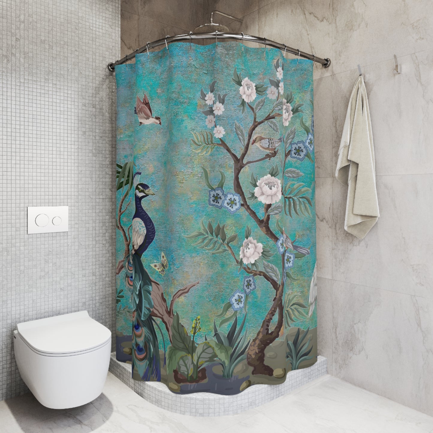 Chinoiserie Blue Peacock Shower Curtain