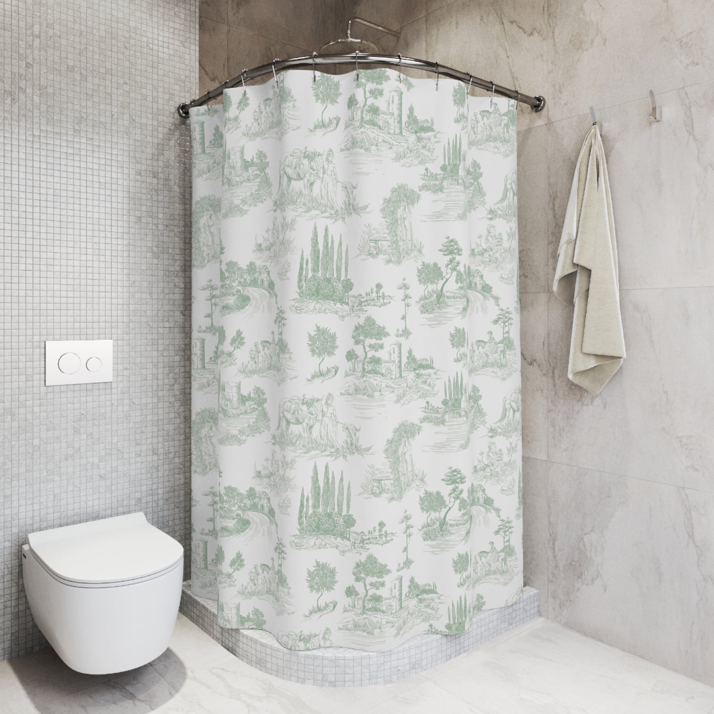 Vintage Toile de Jouy Sage Green Shower Curtain