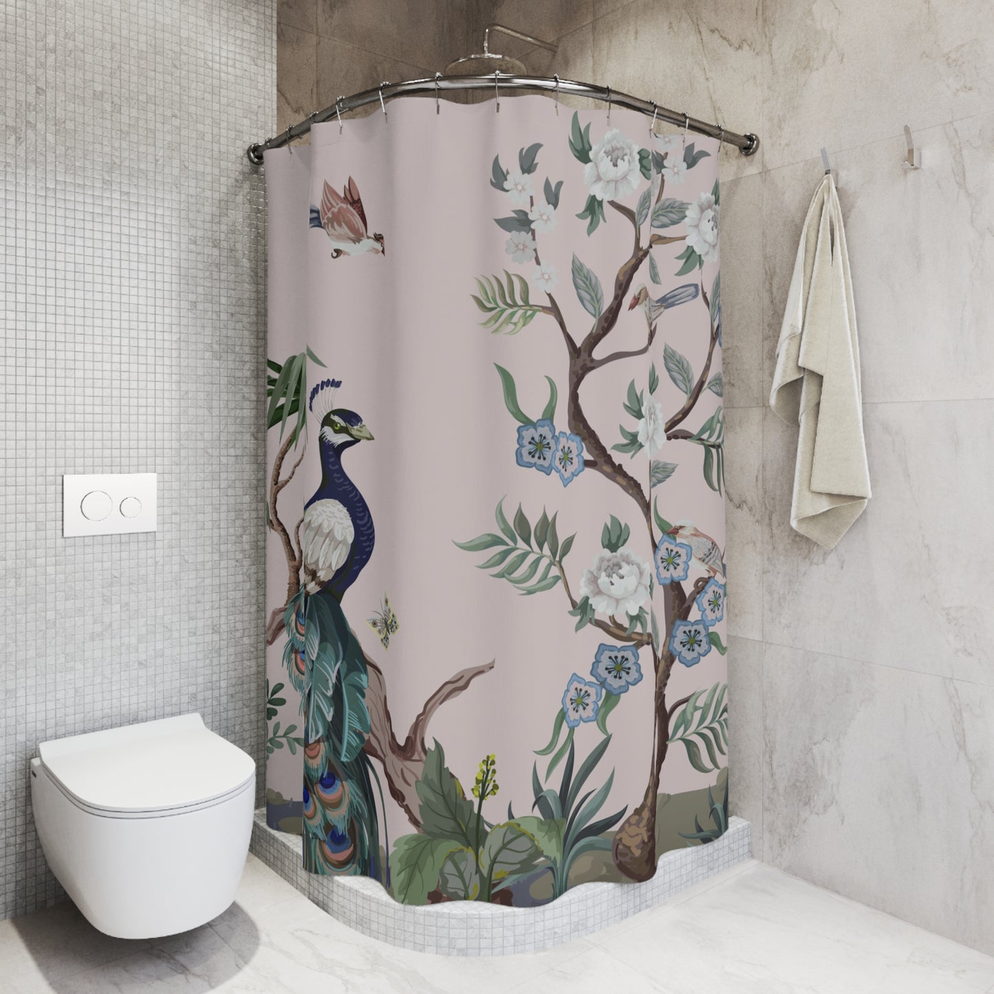 Chinoiserie Blush Pink Peacock Shower Curtain