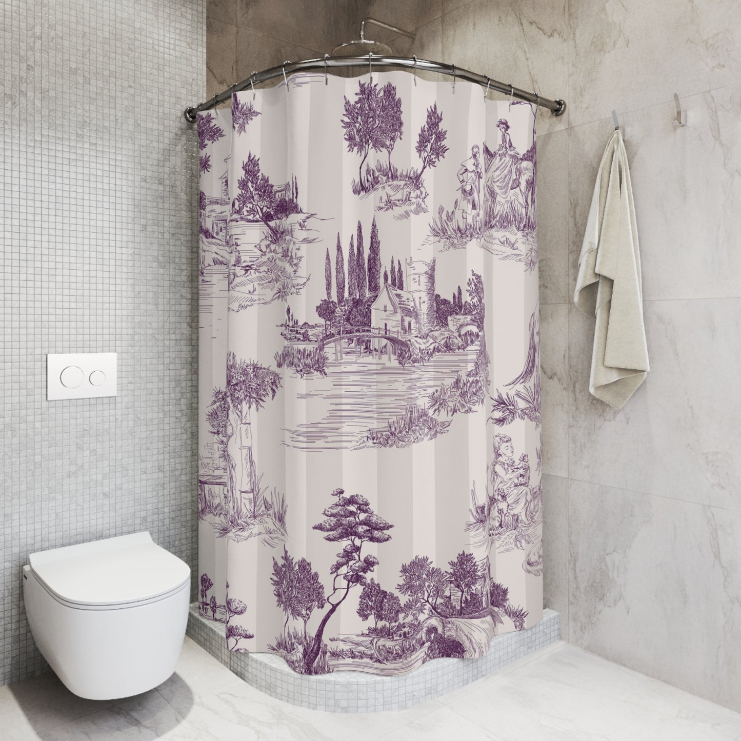 Antique Toile de Jouy Shower Curtain Plum Cream Stripe