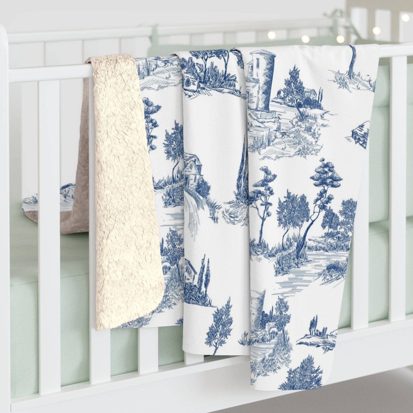 Navy Blue Toile de Jouy Fleece Lined Blanket