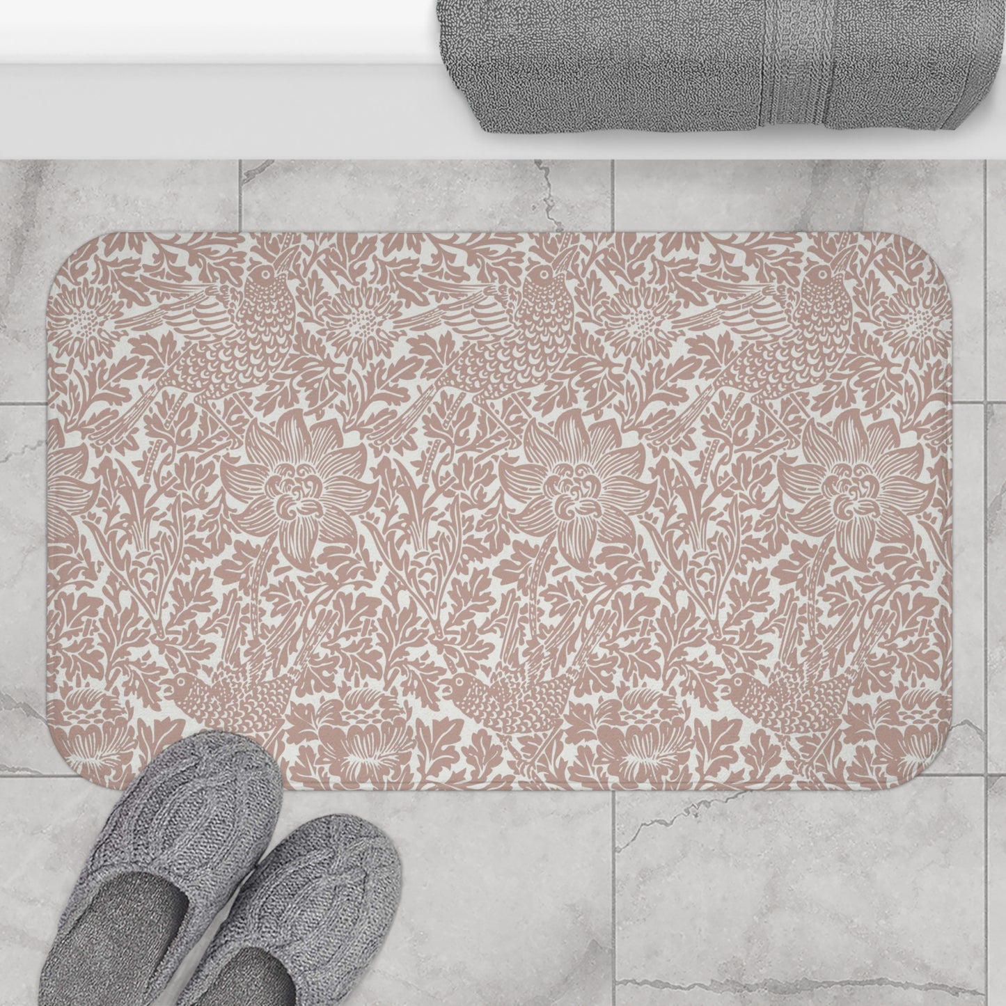 William Morris Bath Mat Bird and Anemone Peach Terracotta
