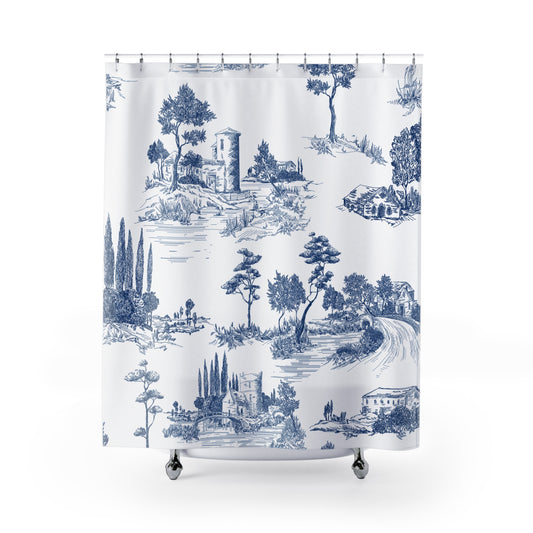 Blue Toile de Jouy Shower Curtain