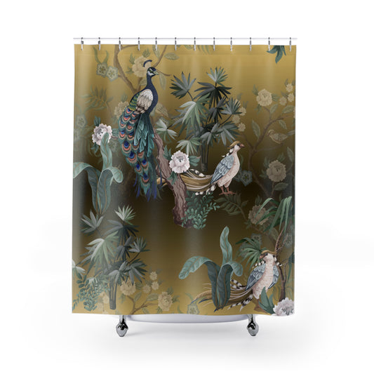 Chinoiserie Oriental Golden Peacock Shower Curtain