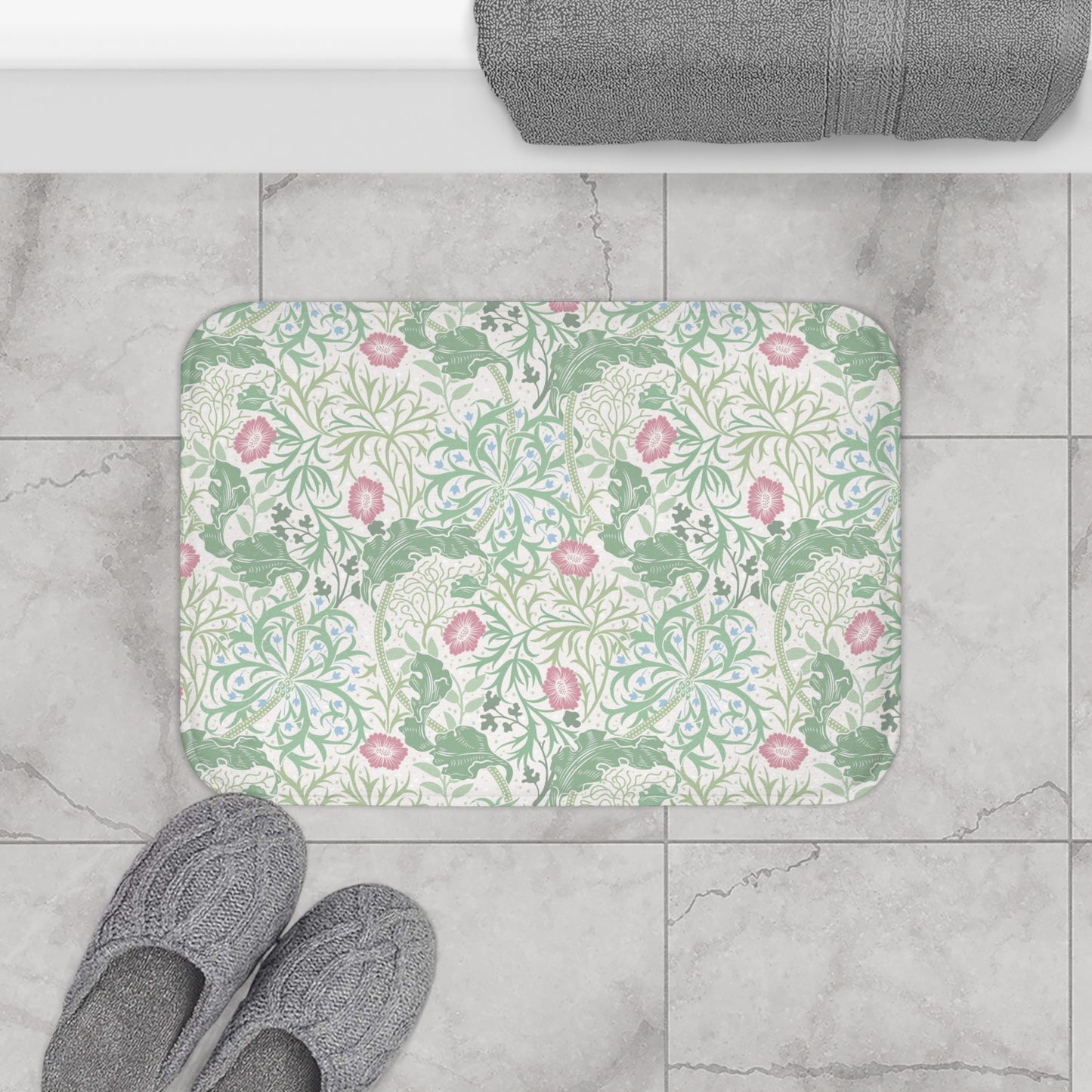 William Morris Bath Mat Seaweed Mint Green & Pink