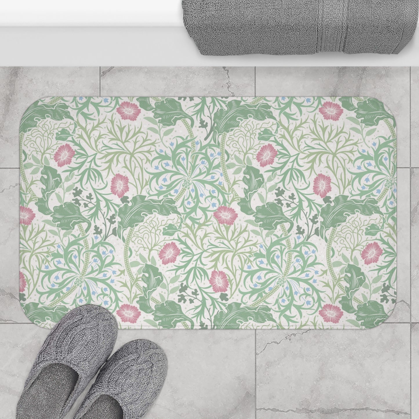 William Morris Bath Mat Seaweed Mint Green & Pink