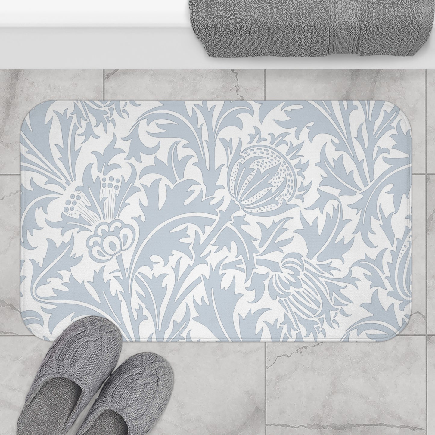 William Morris Bath Mat Thistle Silver Blue Gray