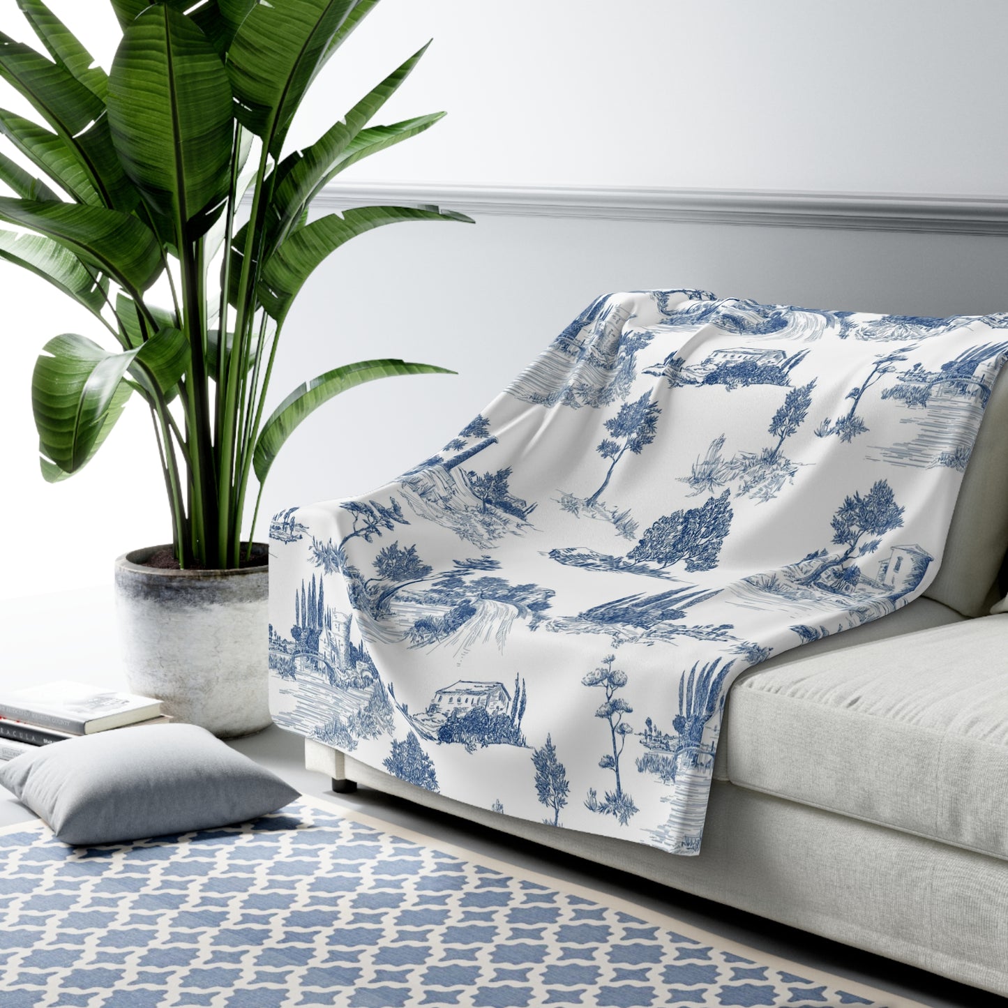 Navy Blue Toile de Jouy Fleece Lined Blanket