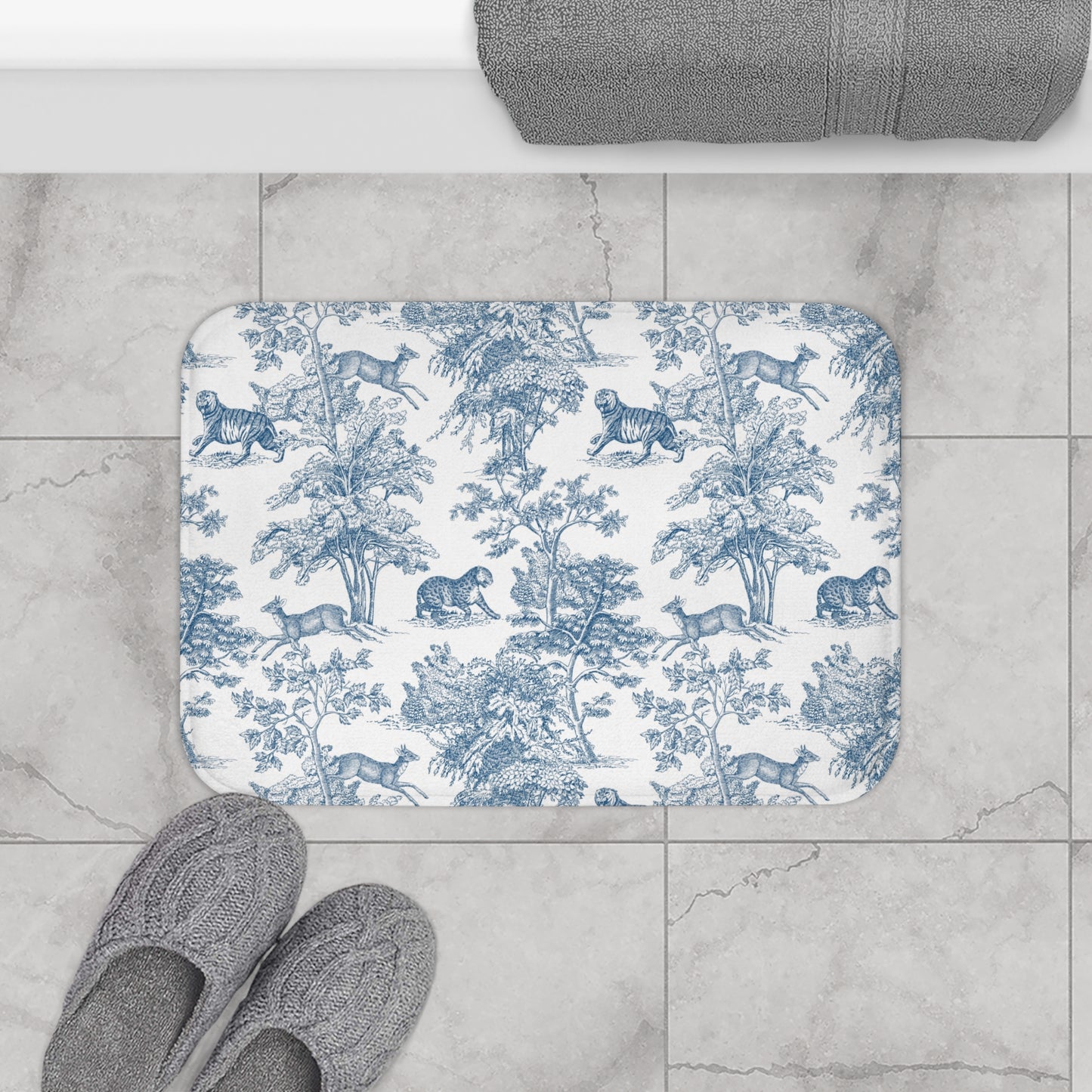 Chinoiserie Bath Mat Exotic Tiger Jungle Blue