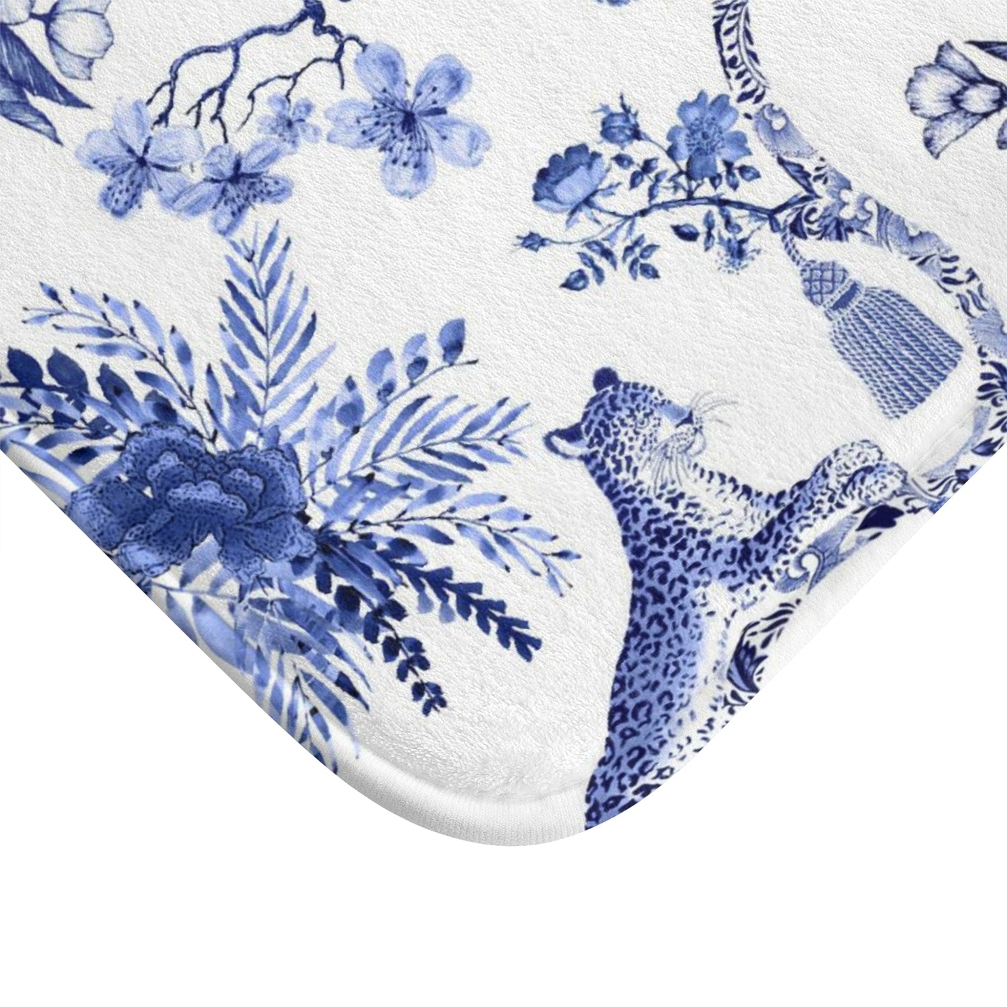 Toile de Jouy Bath Mat Blue Monkey Umbrella Jungle