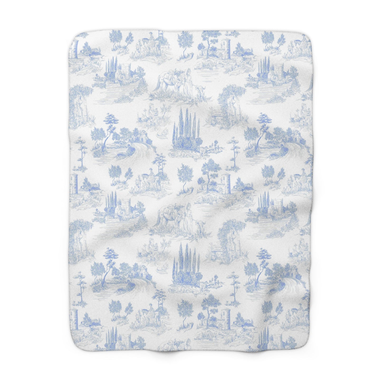 Light Blue Toile de Jouy Fleece Lined Blanket
