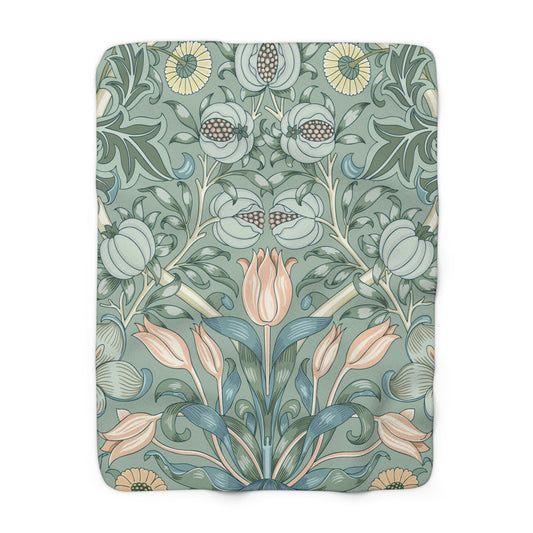 William Morris Duck Egg Tulip Fleece Lined Blanket