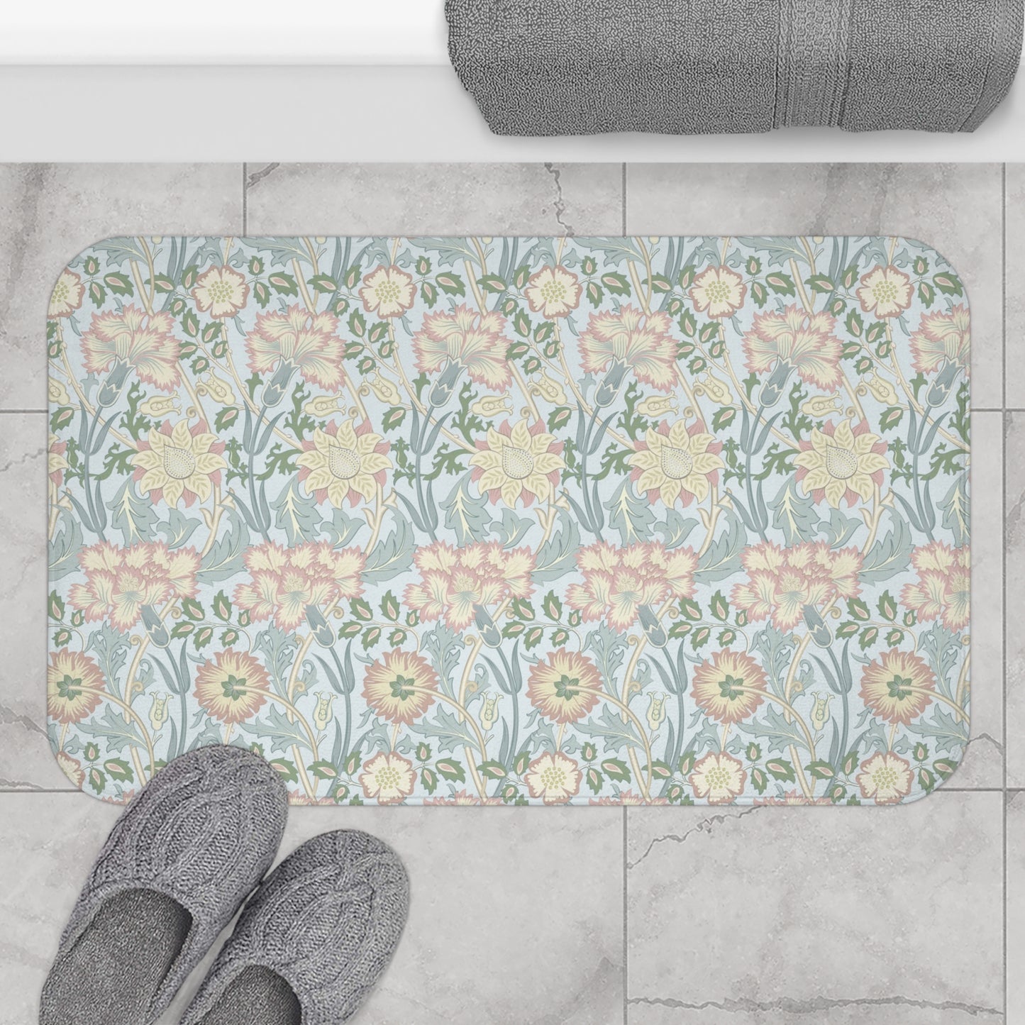William Morris Bath Mat Pastel Blue Pink & Rose