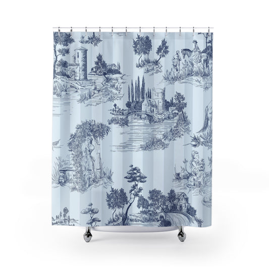 Soft Blue Stripe Toile de Jouy Shower Curtain
