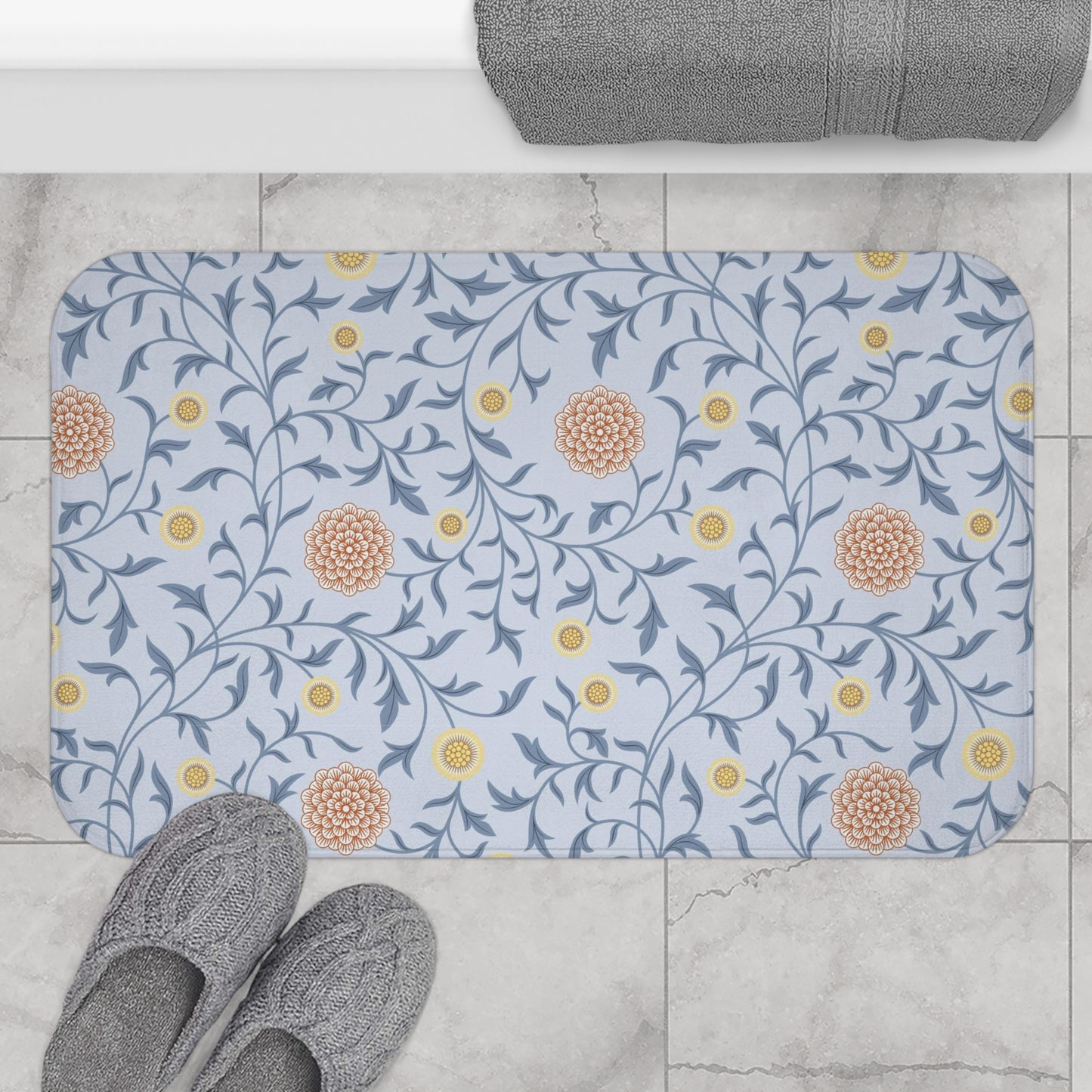 William Morris Bath Mat Scroll Blue Peach