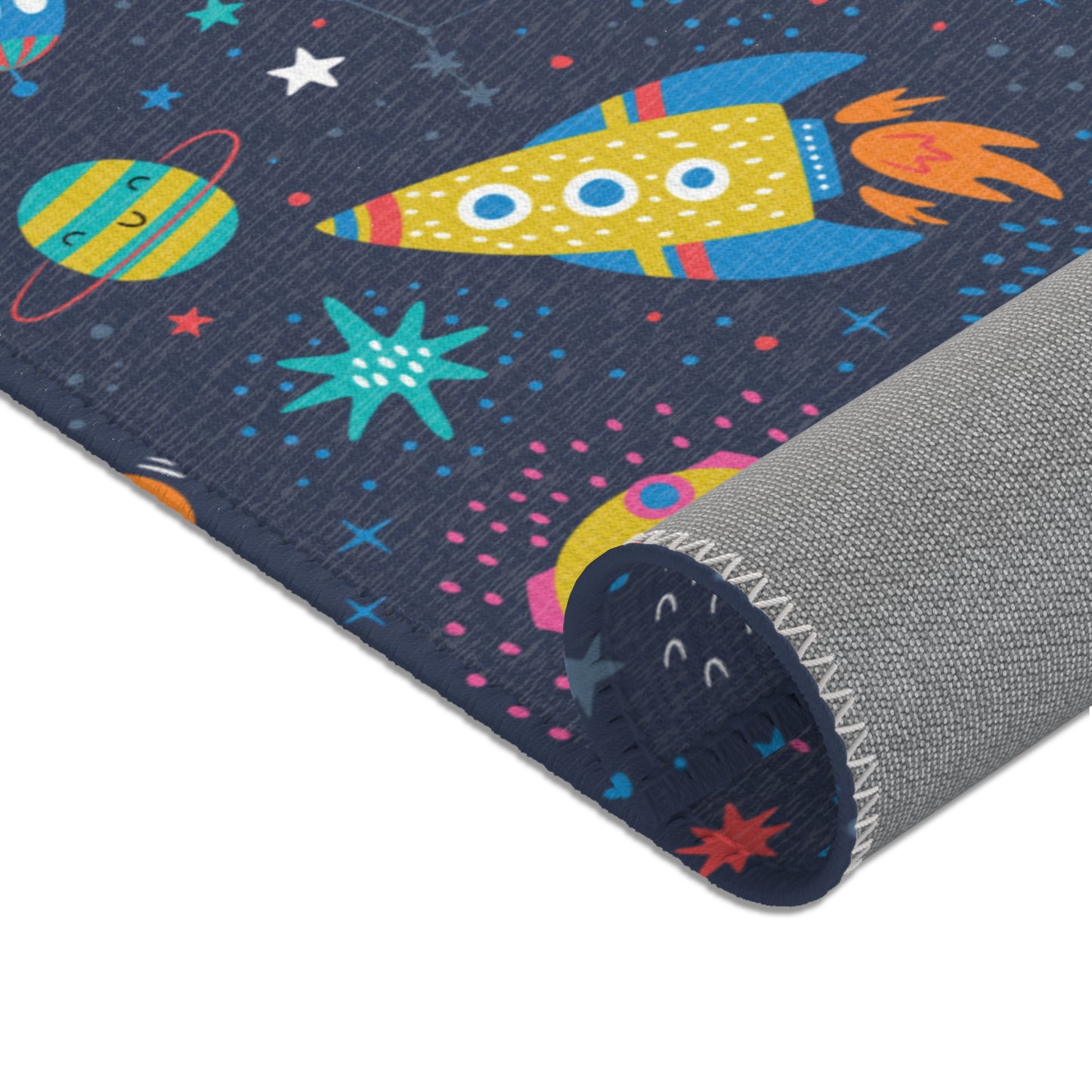 Colorful Cosmic Space Rockets Nursery Rug Play Mat