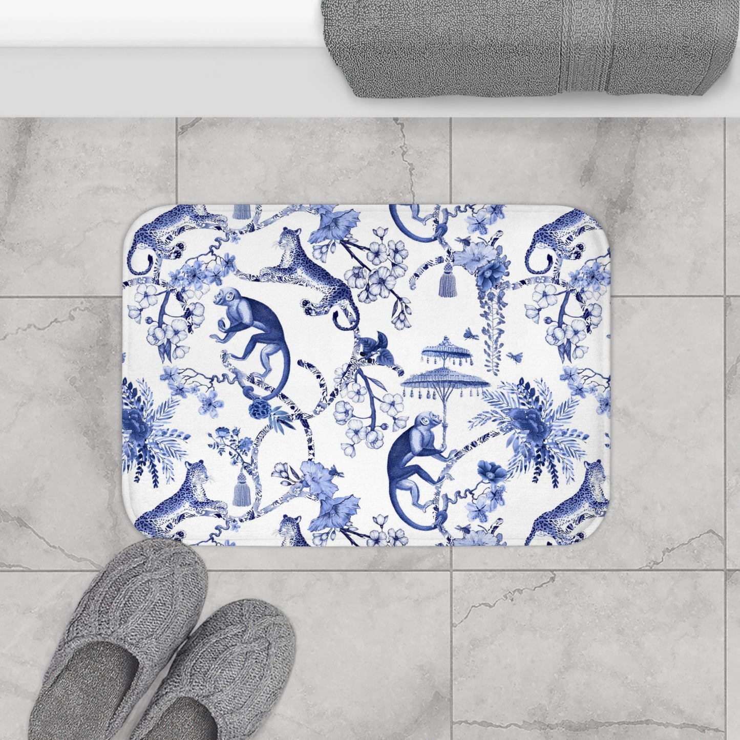 Toile de Jouy Bath Mat Blue Monkey Umbrella Jungle