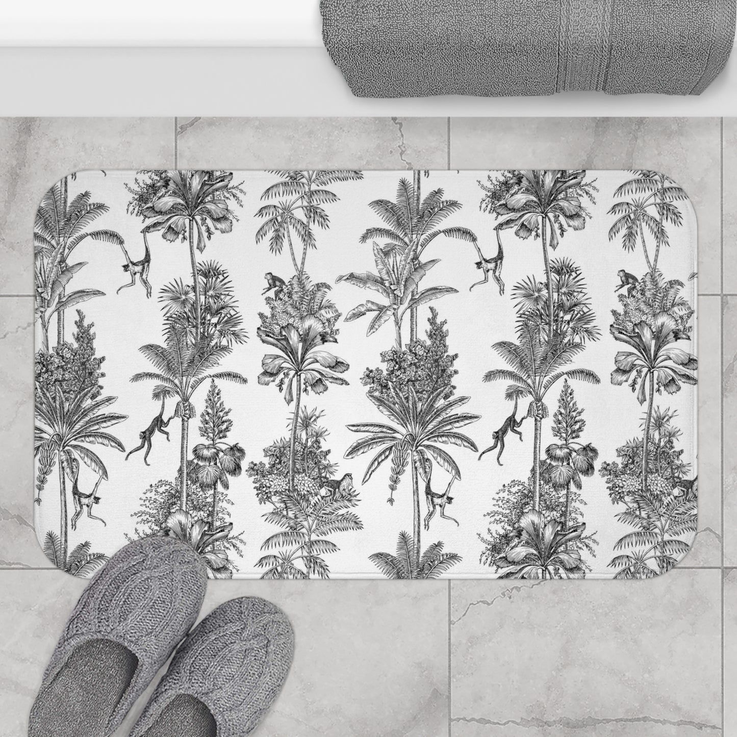 Toile de Jouy Bath Mat Black Monkey Jungle