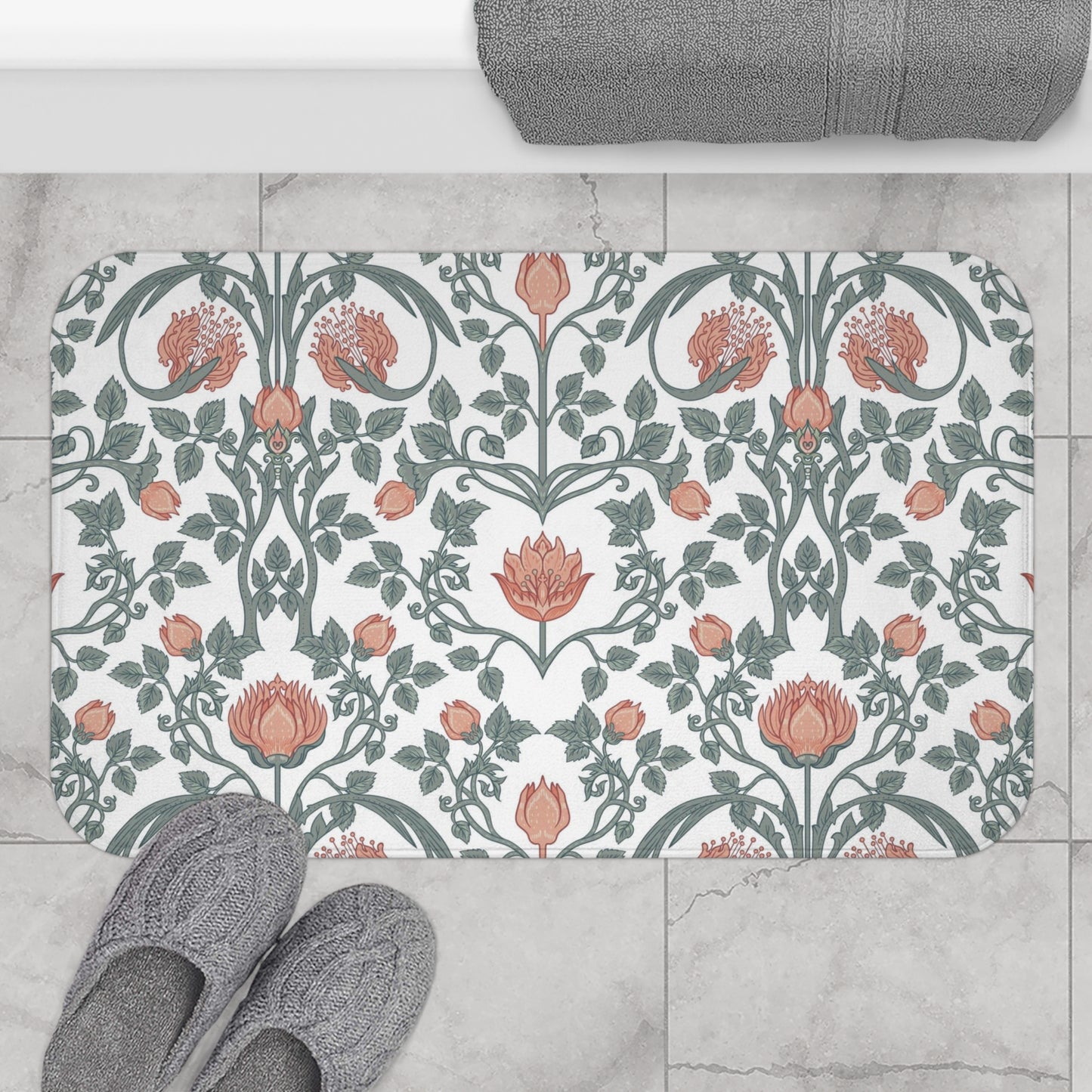 William Morris Bath Mat Art Nouveau Peach Green