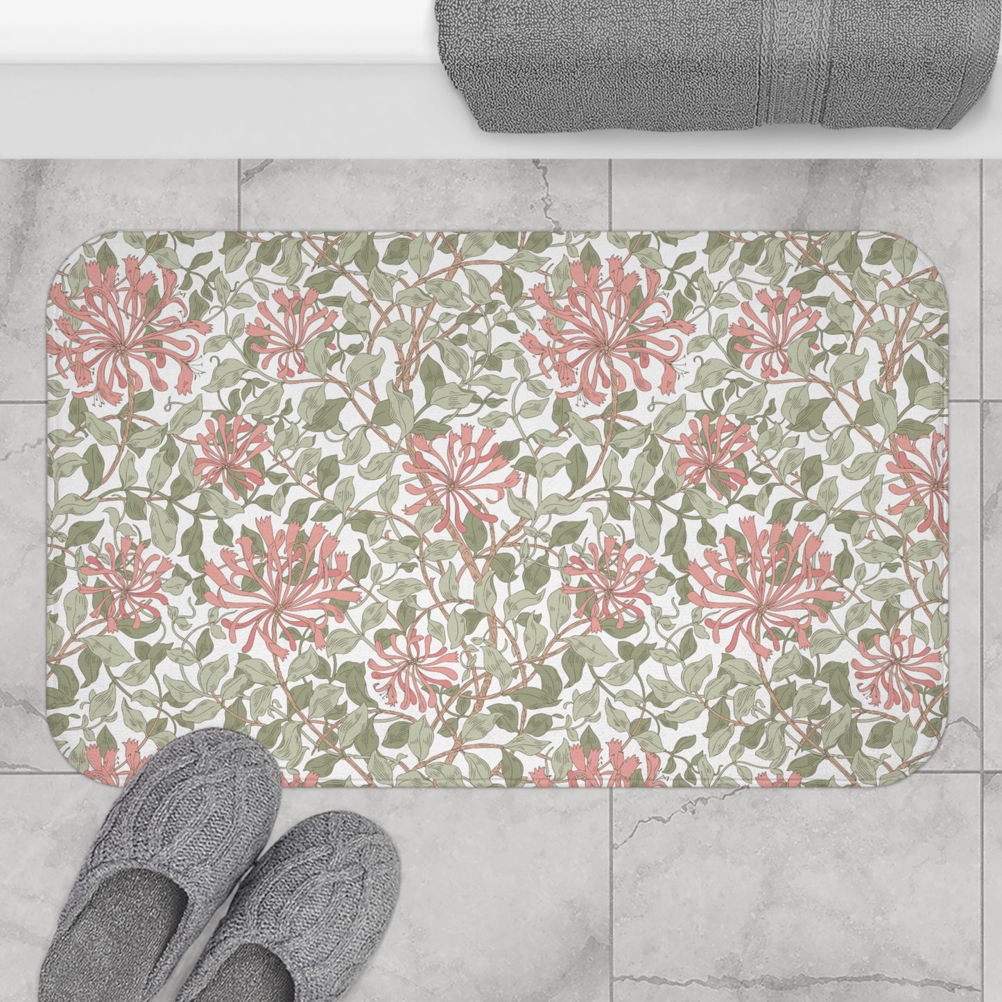 William Morris Bath Mat Honeysuckle Green Pink
