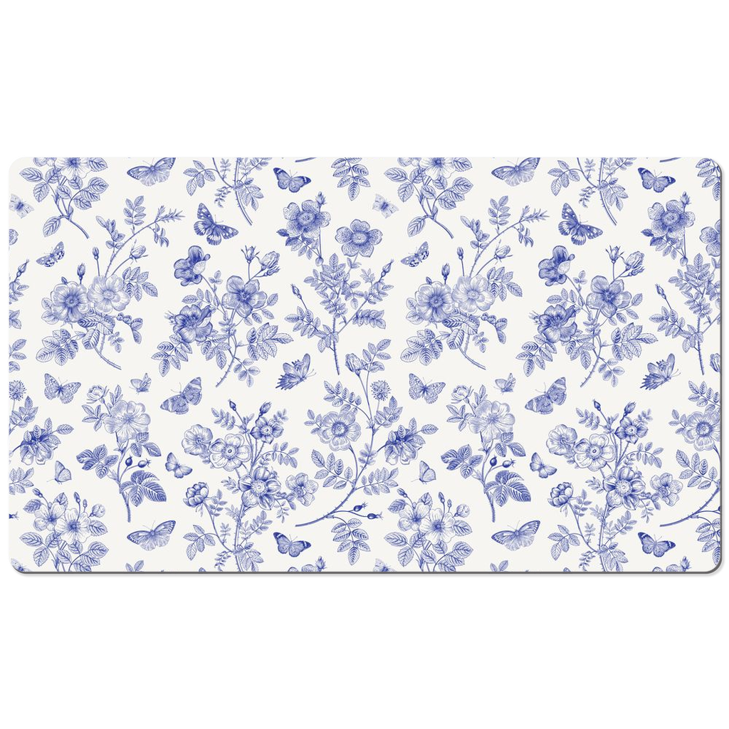 Butterfly Garden Desk Mat Blue Toile de Jouy Floral