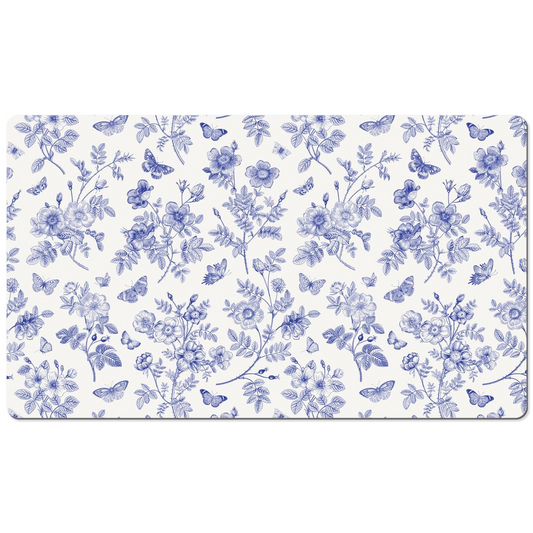 Butterfly Garden Desk Mat Blue Toile de Jouy Floral