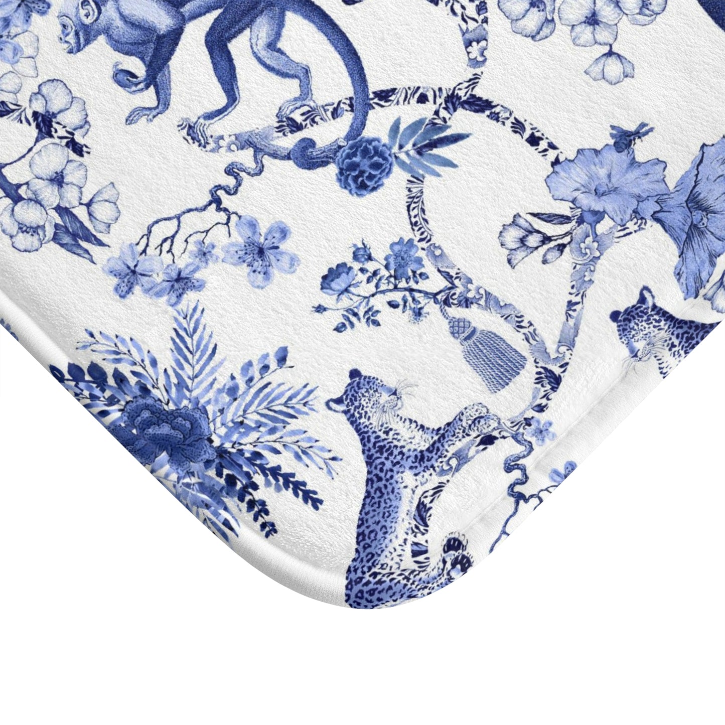 Toile de Jouy Bath Mat Blue Monkey Umbrella Jungle