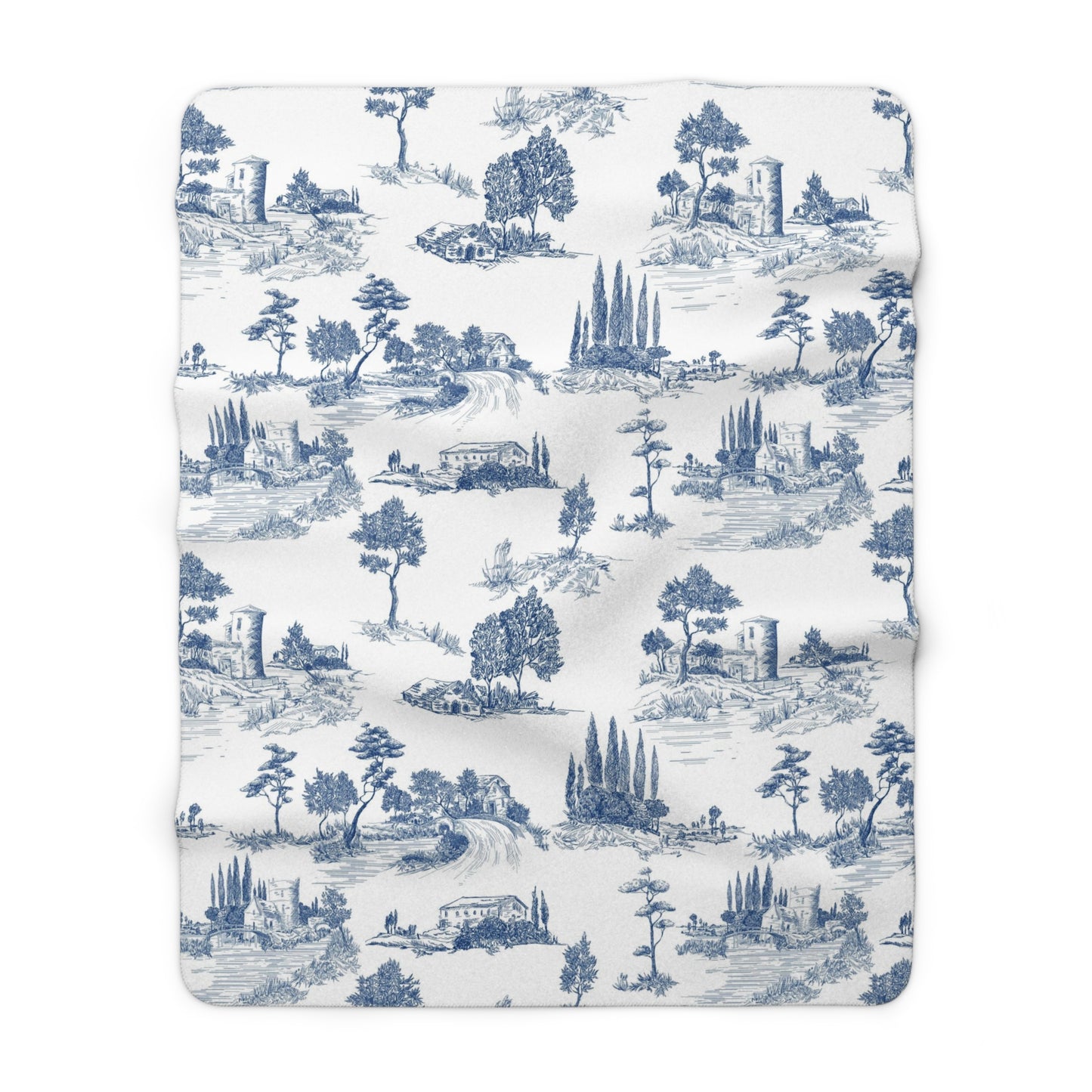 Navy Blue Toile de Jouy Fleece Lined Blanket