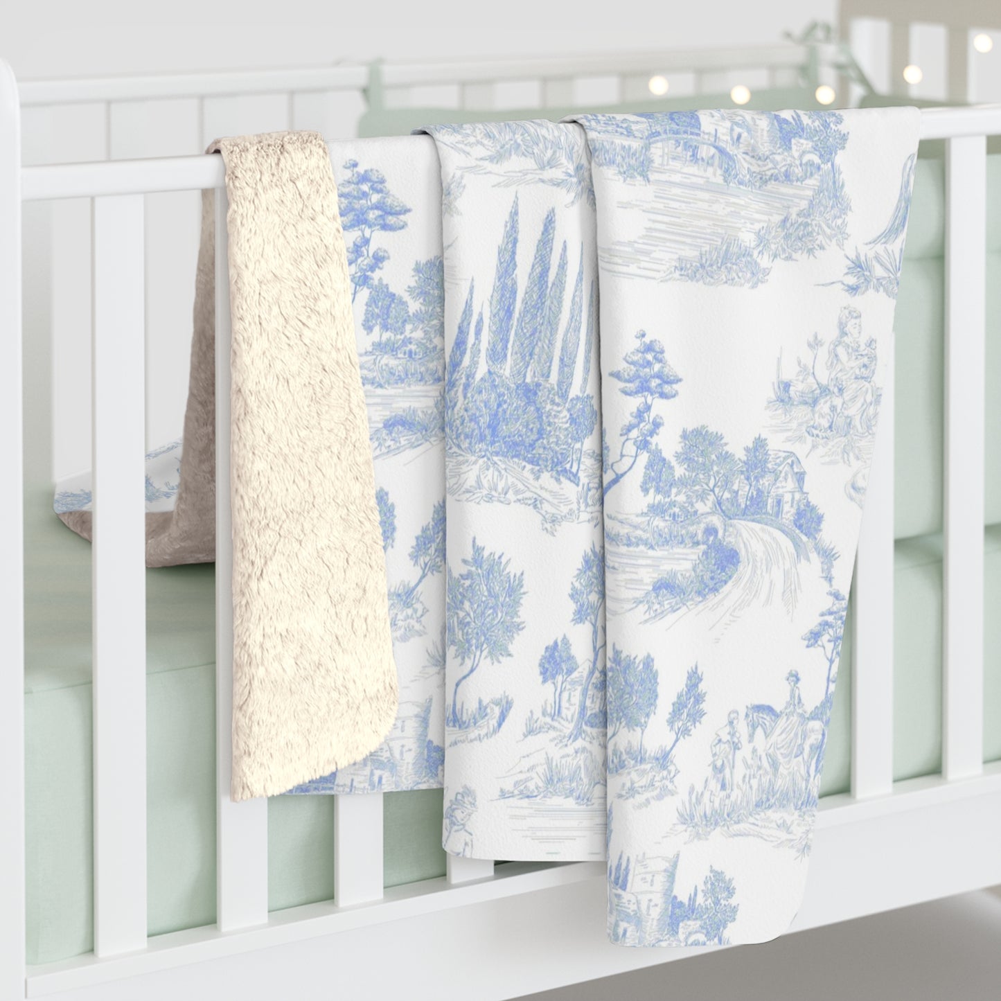 Light Blue Toile de Jouy Fleece Lined Blanket