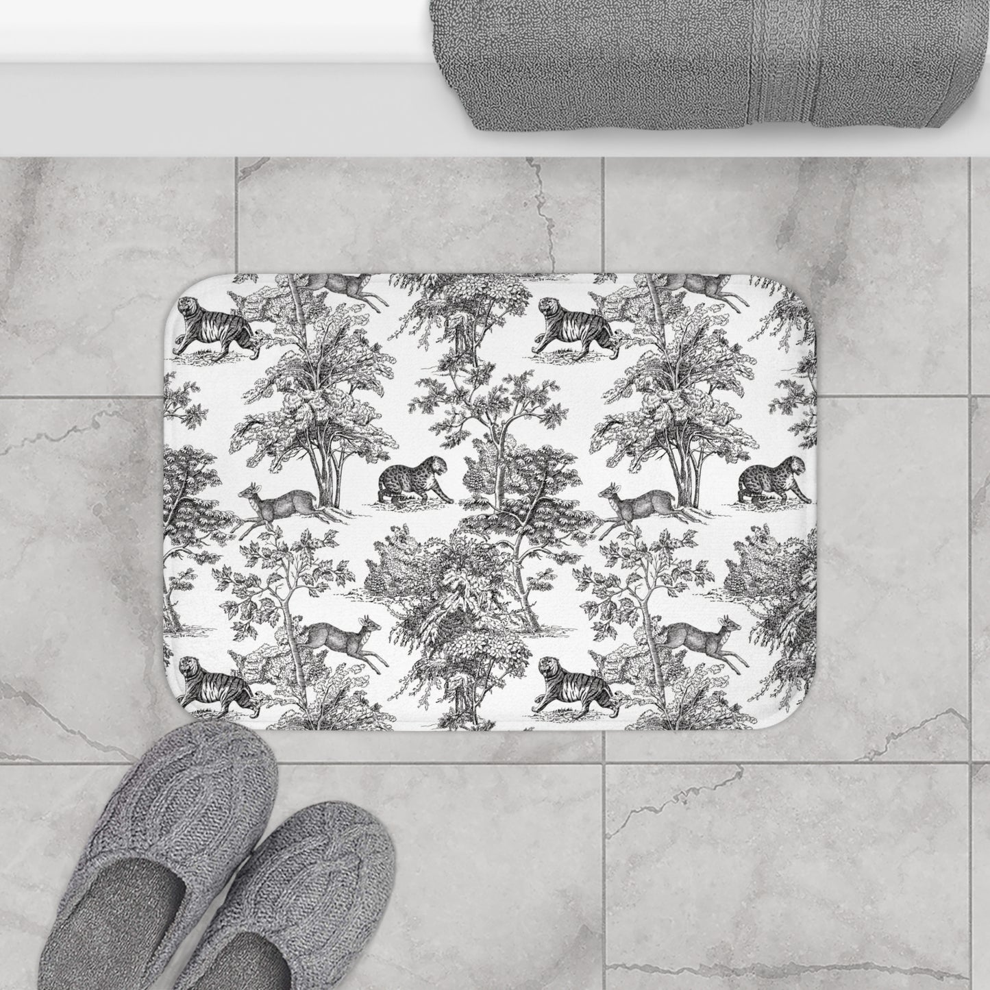 Chinoiserie Bath Mat Exotic Tiger Jungle Black