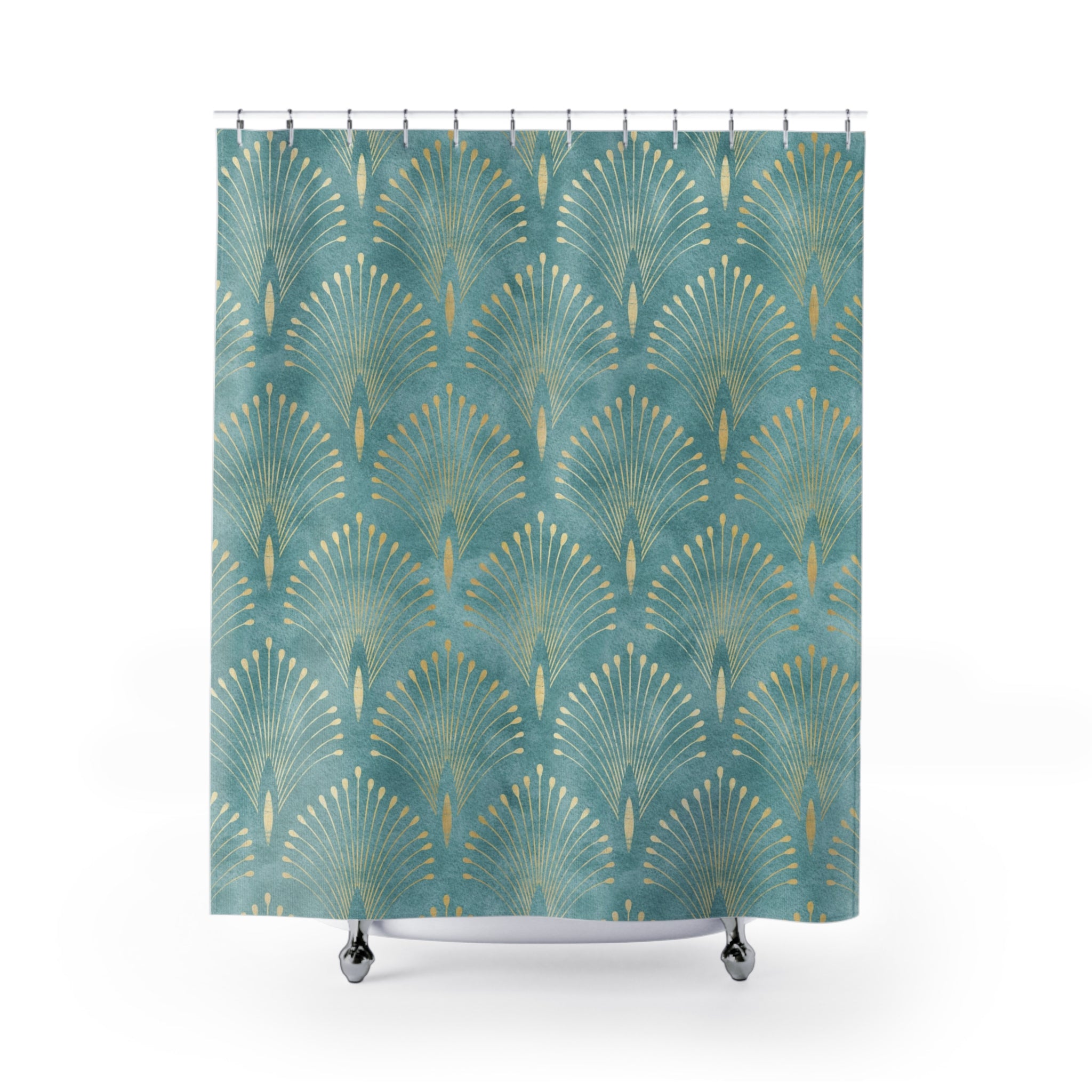 Order Art Deco Shower Curtain | Geometric Print | Vintage Bathroom Accessory | Forest Green & Gold Abstract Fan Pattern | Art Nouveau Curtain