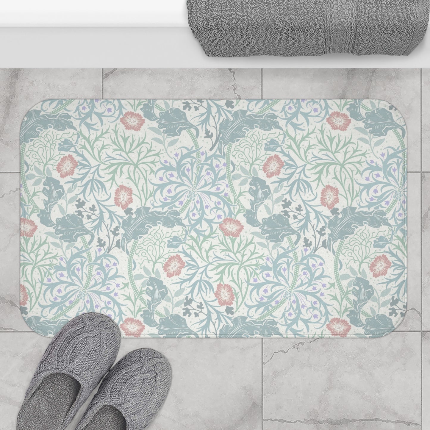 William Morris Bath Mat Seaweed Light Duckegg Blue Mint Peach