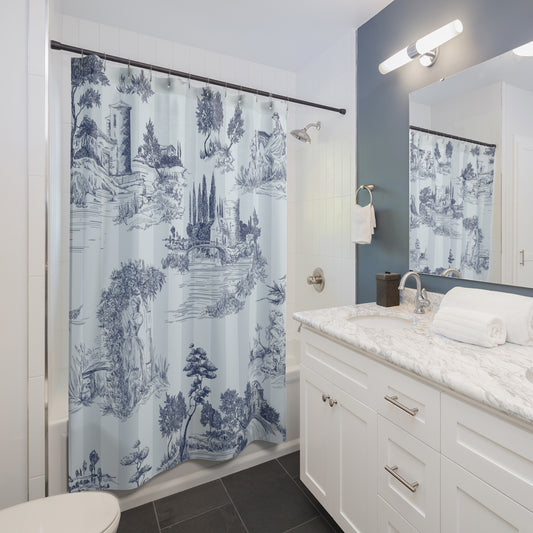 Soft Blue Stripe Toile de Jouy Shower Curtain