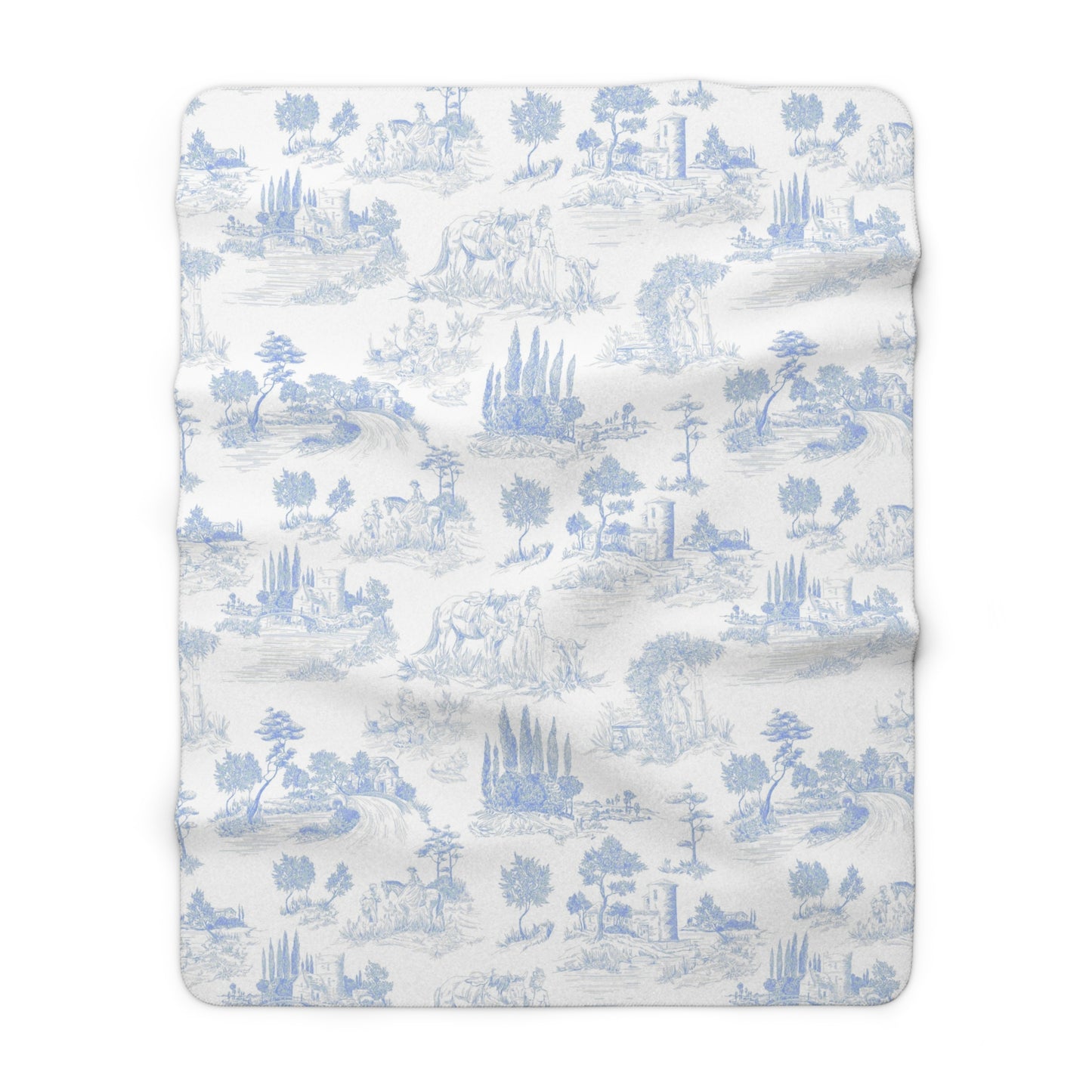 Light Blue Toile de Jouy Fleece Lined Blanket