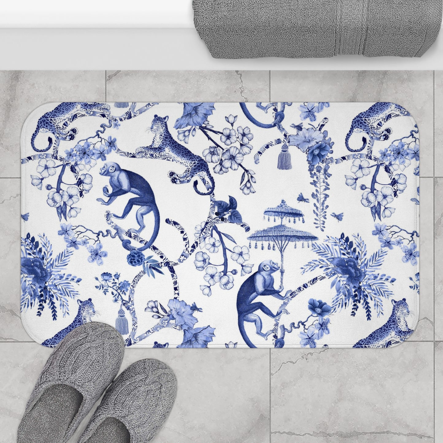 Toile de Jouy Bath Mat Blue Monkey Umbrella Jungle