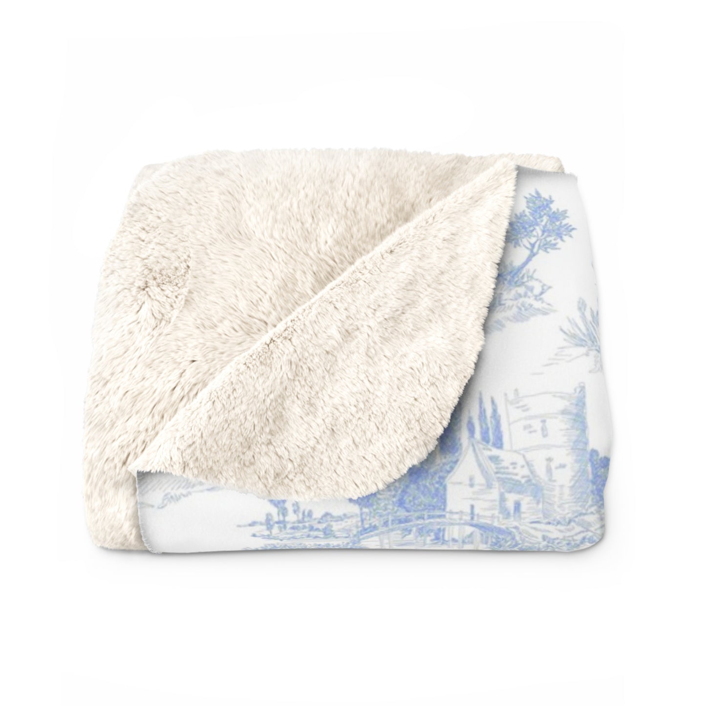 Light Blue Toile de Jouy Fleece Lined Blanket