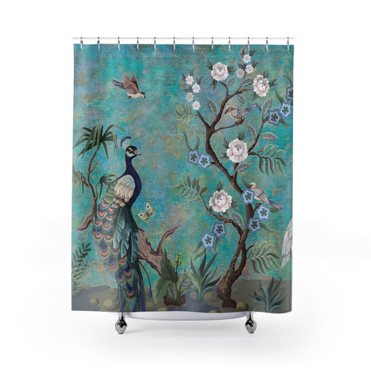 Chinoiserie Blue Peacock Shower Curtain