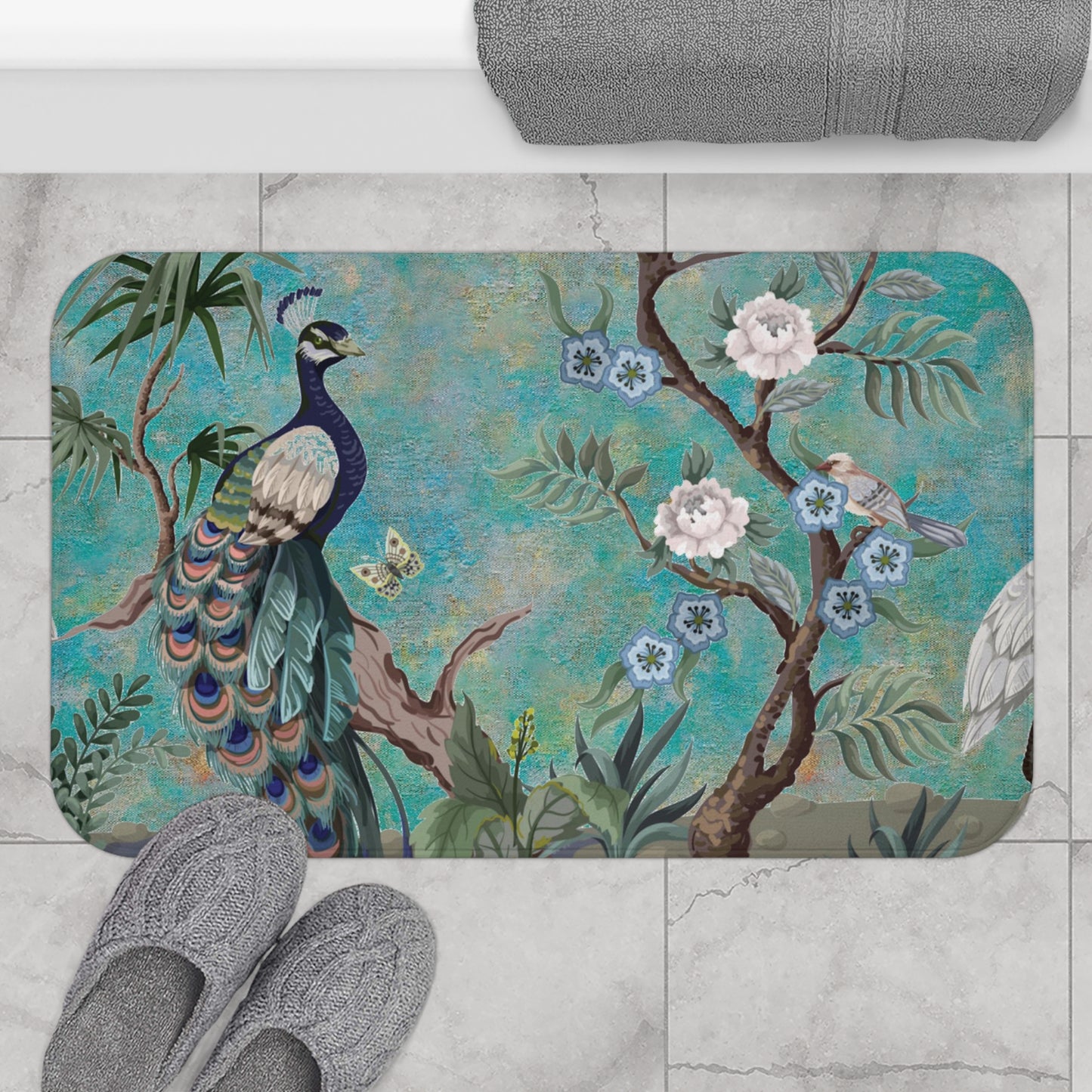 Chinoiserie Bath Mat Blue Peacock