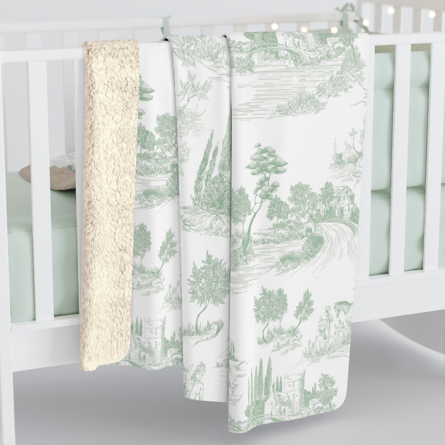 Toile de Jouy Sage Green Fleece Lined Blanket